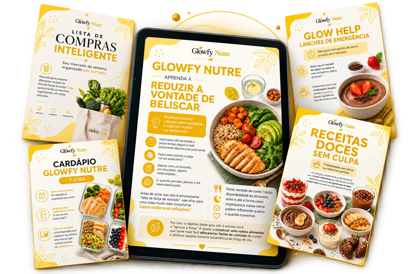 Mockup dos cinco materiais complementares do Glowfy Nutre