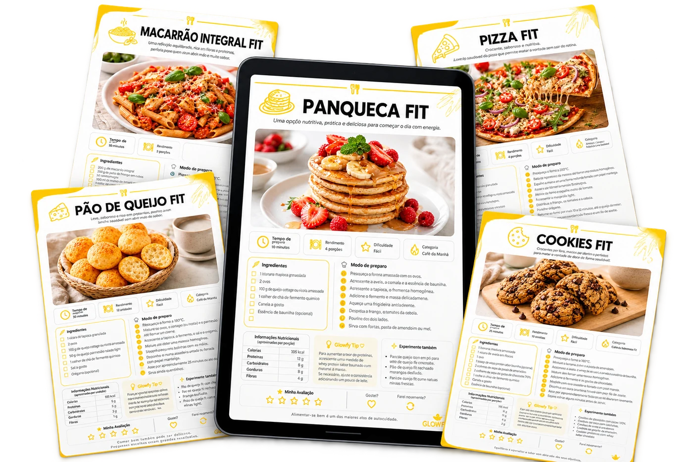 Mockup do guia digital Glowfy Nutre com receitas fit em tablet e páginas de receitas